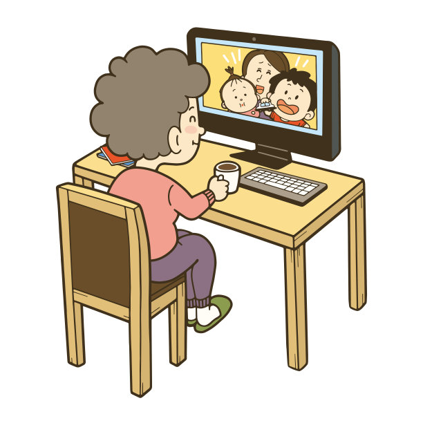 一位老奶奶和她的孙辈在网上聊天的插图。图片下载