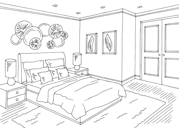 卧室图形黑白色家庭室内素描插图矢量图片下载