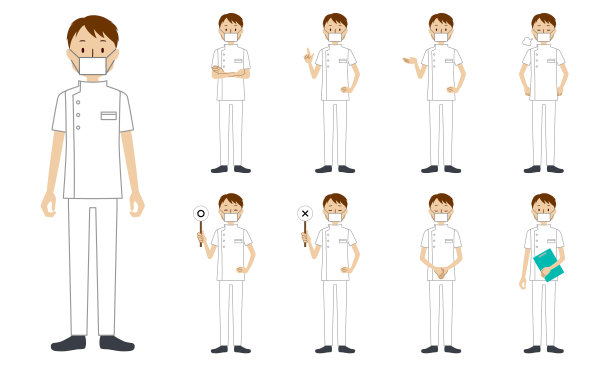 卫生保健工作者(物理治疗师)字符设置在9姿态孤立矢量插图图片下载