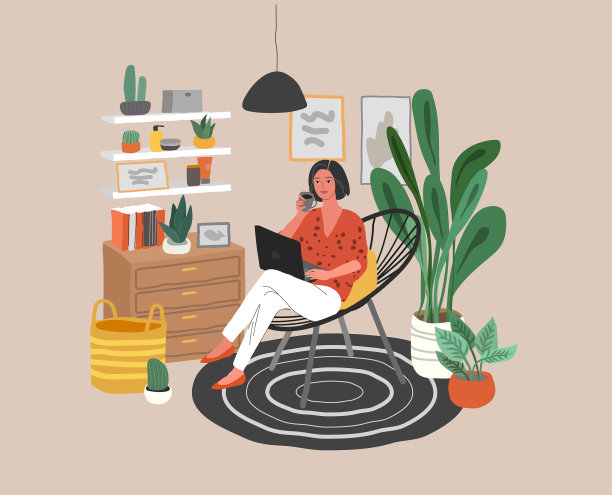 可爱的女人坐在舒适的椅子上，手提电脑图片下载