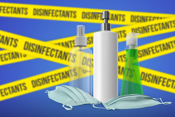 3D渲染消毒剂在蓝色检疫背景。冠状病毒的概念。图片下载