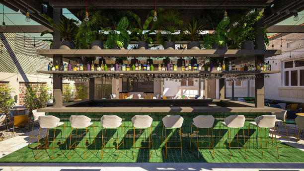 咖啡厅/餐厅户外座位区。室内设计。计算机生成图像。建筑可视化，3D渲染。图片下载