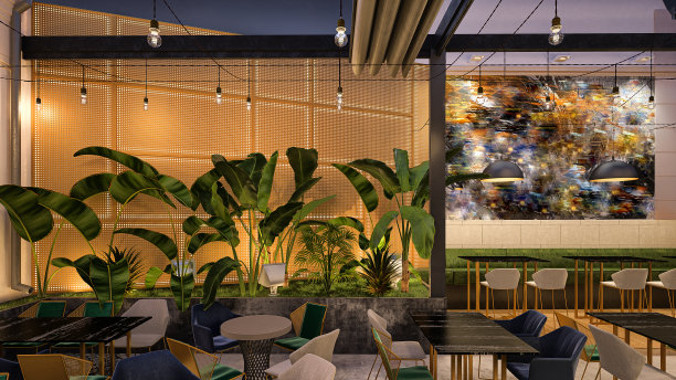 咖啡厅/餐厅户外座位区。室内设计。计算机生成图像。建筑可视化，3D渲染。图片下载