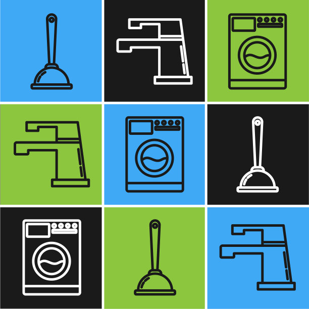 设置线条马桶柱塞垫圈和水龙头图标图片下载