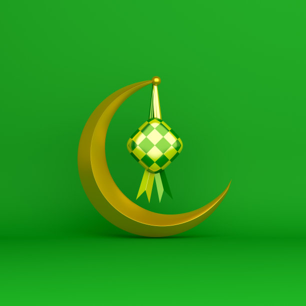 在印度尼西亚或马来西亚开斋节的传统食物，绿色背景上的金色新月。复制空间文本区，3D渲染插图。图片下载