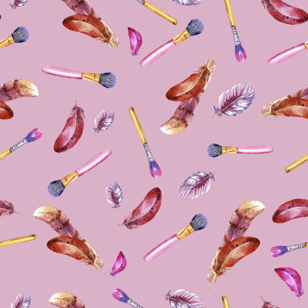 无缝模式说明。水彩手工。羽毛和化妆刷图片下载