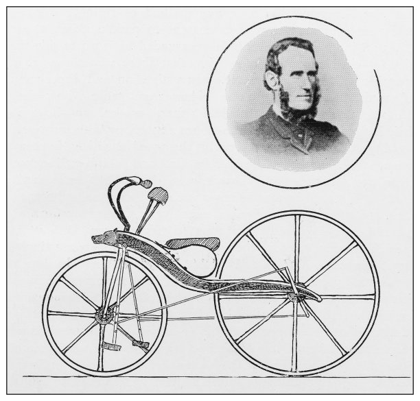 19世纪运动、运动员和休闲活动的老式黑白照片:柯克帕特里克·麦克米伦和他的潮马(第一辆后轮安全自行车)图片下载