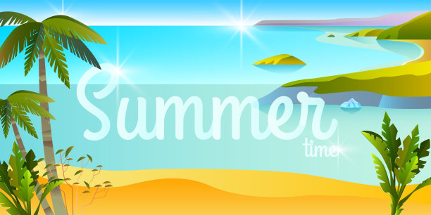 水平热带景观与海洋，海滩，岛屿，棕榈树。暑假横幅与拷贝空间。素材图片