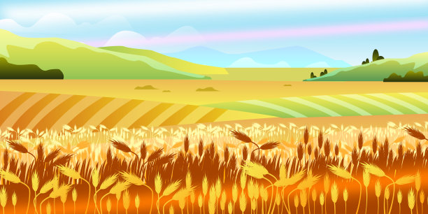 秋天的田园风光有麦田、小山、天空、云彩。图片下载