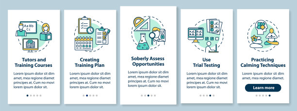 带有线性概念的大学入门手机应用页面。导师和课程。五个演练步骤图形说明。UX, UI, GUI矢量模板与插图图片下载