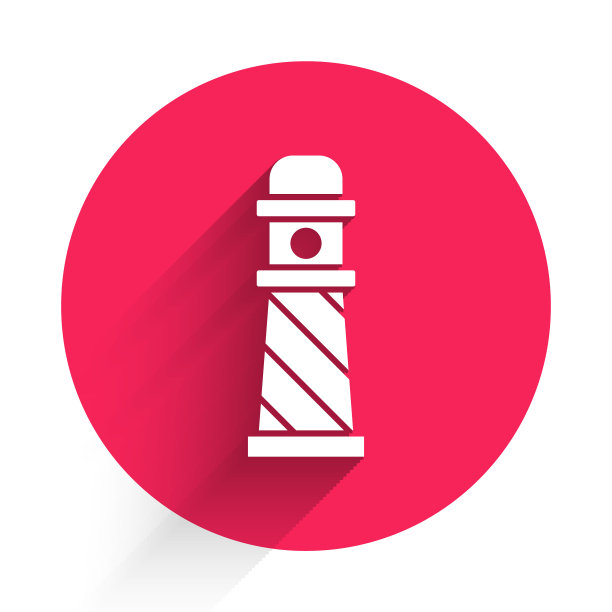 白色灯塔图标孤立与长影子。红色圆圈按钮。矢量图图片下载