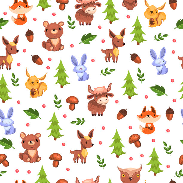 矢量股票无缝模式与可爱的森林动物，松树，蘑菇和橡子。图片下载