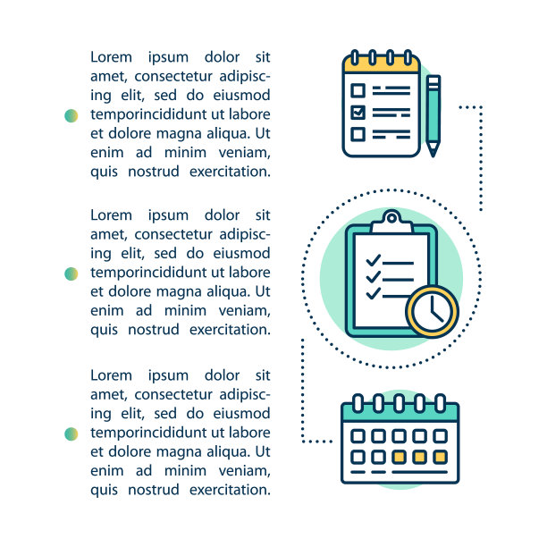 学习时间表概念图标与文本。项目的最后期限。计划任务。研究。文章页向量模板。宣传册，杂志，小册子设计元素与线性插图图片下载