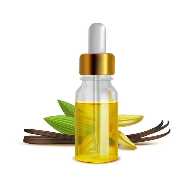 香草油瓶与花和叶的现实主义风格图片下载