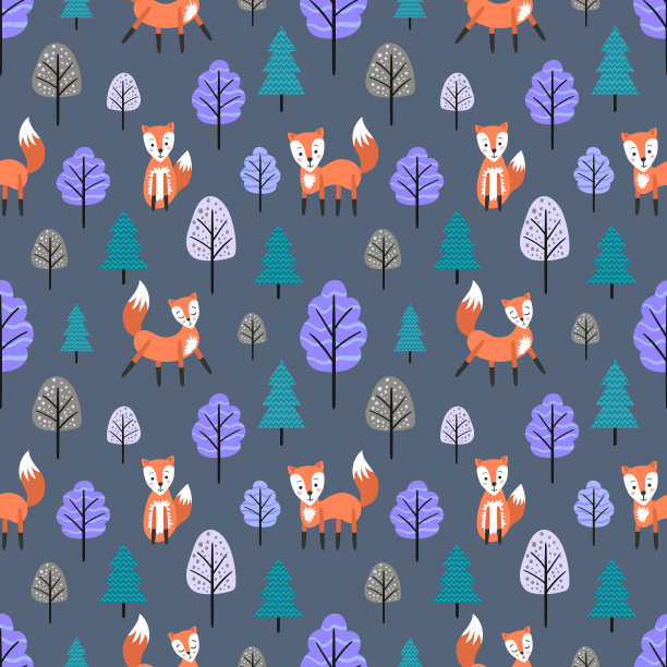 卡通狐狸和树。无缝模式。图片下载
