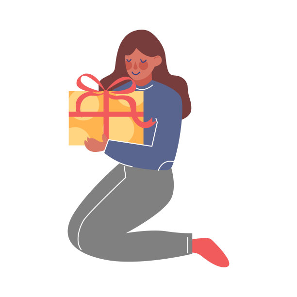 女孩坐在地板上持有礼品盒装饰丝带，生日派对，圣诞节或新年节日庆祝卡通矢量插图图片下载