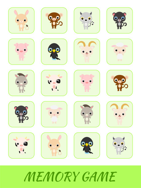 剪贴卡游戏模板找到两个相同的图片。儿童记忆游戏。教育发展工作表。逻辑思维训练。一套可爱的卡通动物。矢量插图。图片下载