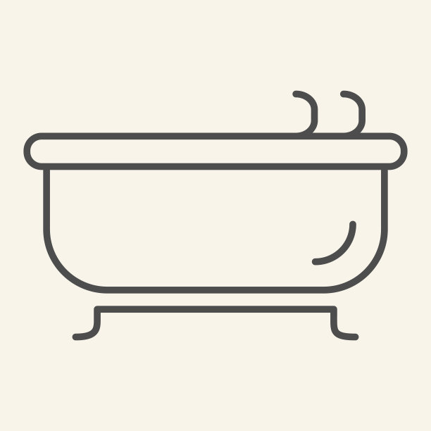 浴细线图标。浴缸符号，米色背景上的轮廓风格象形文字。酒店浴室标识的移动概念和网页设计。矢量图形。图片下载