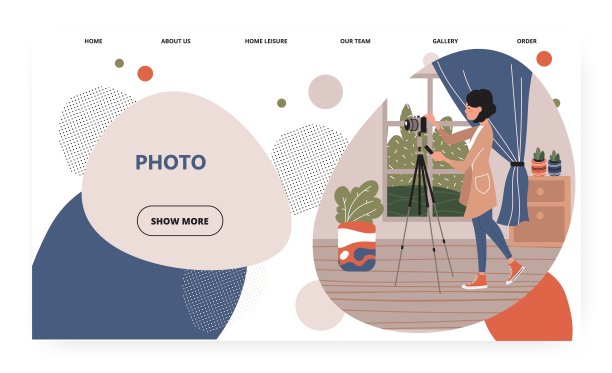 女摄影师在家照相馆拍照。相机放在三脚架上。房间内部。概念说明。矢量网站设计模板。登陆页网站插图图片下载