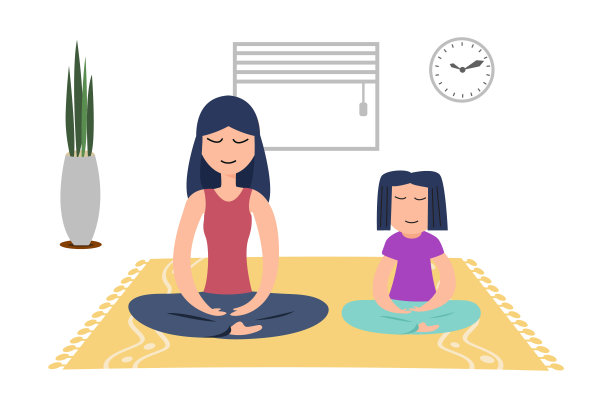 家人带着小女儿在家冥想缓解负面情绪。图片下载