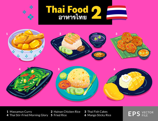 手绘矢量插图图标泰式食物的集合，包括马萨门咖喱，海南鸡饭，泰式炒牵牛花，泰式鱼饼，炒饭和芒果糯米。图片下载