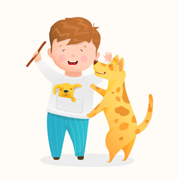 小男孩和他的小狗玩耍或训练小狗可爱的动物和儿童角色矢量卡通。素材图片