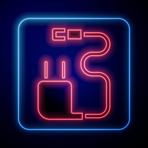 发光的霓虹灯充电器图标孤立在蓝色背景。矢量图图片下载