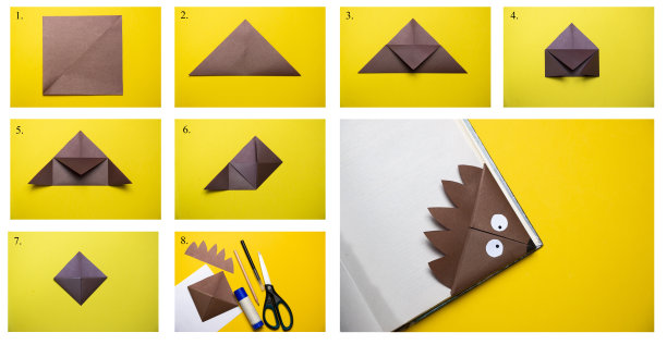 一步一步地用照片说明如何用棕色刺猬的形式给书做书签。DIY的概念。孩子们的工艺。图片下载