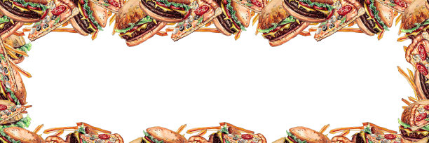 无缝模式与奶酪汉堡，比萨饼和炸薯条绘制水彩图片下载