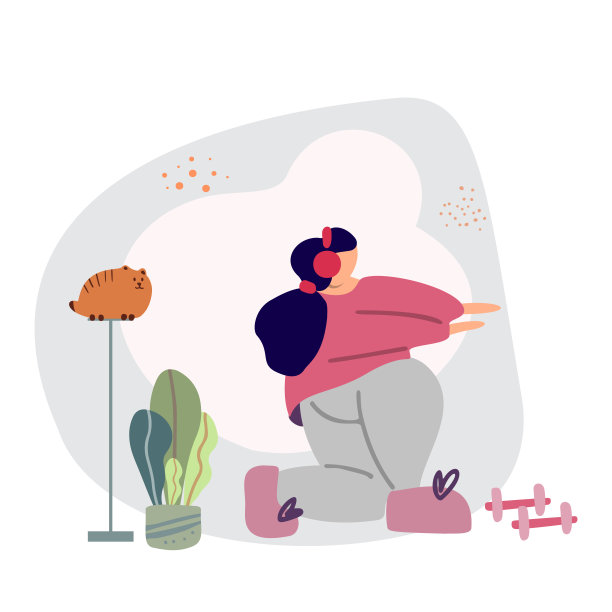 手绘矢量插图，家庭运动训练和家庭健身房的概念。运动和教练在线。运动马拉松在线训练。这女孩在家喜欢运动。图片下载