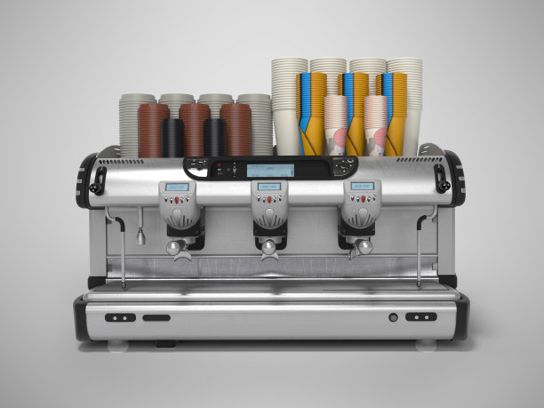 3D渲染概念的销售咖啡用专业的咖啡机在三个角上正面的灰色背景上带阴影图片下载