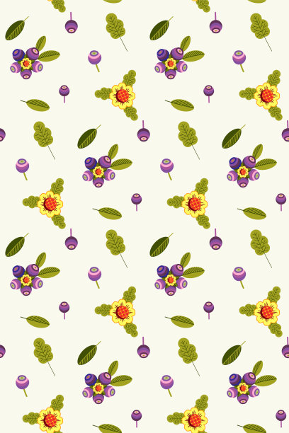 五颜六色的夏季蓝莓和花朵图案。矢量平面图形。时尚的民族风格。光背景。素材图片