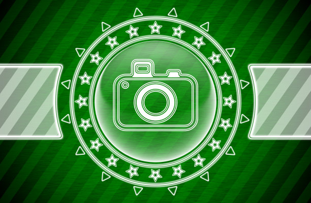 相机图标在圆形和绿色条纹的背景。插图。图片下载