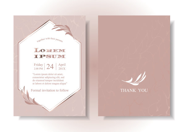 婚礼卡模板优雅的玫瑰金色调，优雅的大理石背景。玫瑰金捻，正面是白色六角形，镶边和叶子是玫瑰金。您可以更改文本。插图图片下载