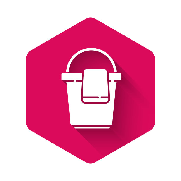 白色桶与抹布图标孤立与长阴影。清洁服务理念。粉红色的六角按钮。矢量图图片下载