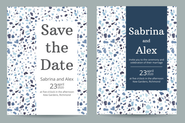水磨石图案婚礼请柬。设置邀请和保存日期卡在蓝色水磨石背景。婚礼集图片下载