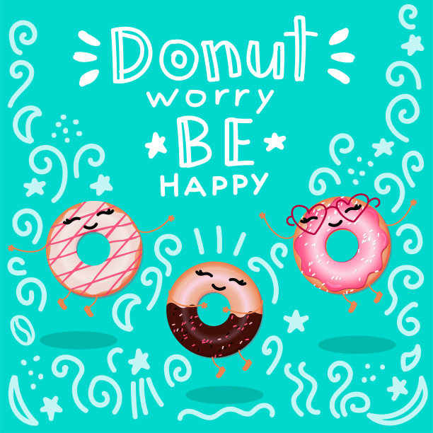画着有趣甜甜圈的横幅。有趣的卡通甜甜圈跳在绿松石背景。涂鸦图案和字母“甜甜圈担心。很高兴。”图片下载