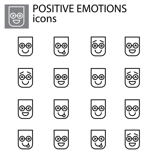 积极情绪设置向量线性图标。正面表情符号向量表情符号，黑白背景符号图片下载