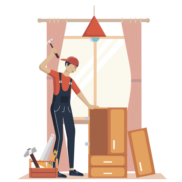 家具组装概念插图。使用专业工具的制造工人。家具店专业人士的帮助。平面卡通矢量插图图片下载