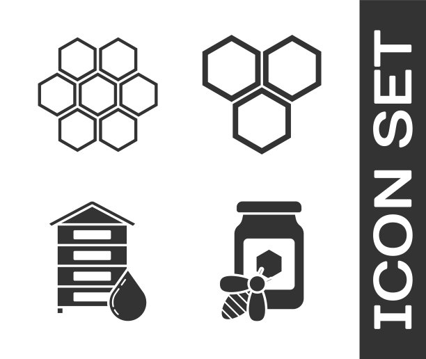 Set Jar of honey with bee, Honeycomb, Hive for bees and Honeycomb icon。向量图片下载