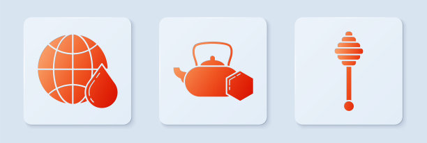 蜂蜜茶壶，蜂蜜世界地图和蜂蜜勺棒。白色正方形按钮。向量图片下载