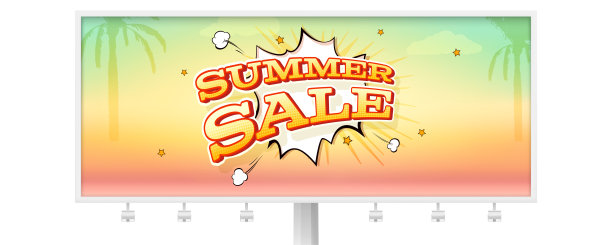 城市广告牌上的夏季促销横幅上有爆炸的演讲泡泡。热带夏季背景与棕榈树。卡通风格的矢量广告设计。图片下载