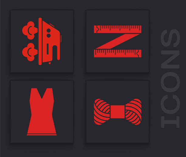 缝线设置在线轴，电熨斗，卷尺和妇女服装图标。向量图片下载