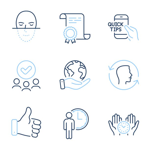 像手，安全时间和脸部id图标设置。教育，等待和面部识别标志。向量图片下载