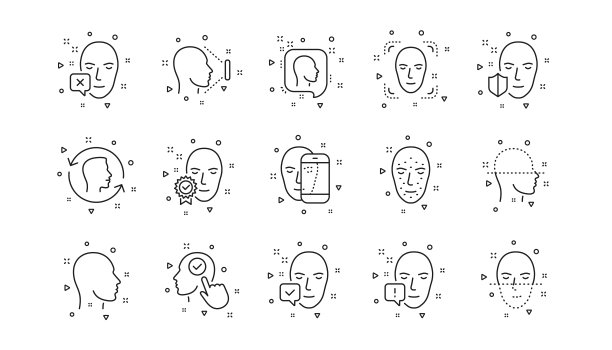 脸部识别线条图标。生物识别检测，人脸识别扫描。线性的图标集。向量图片下载