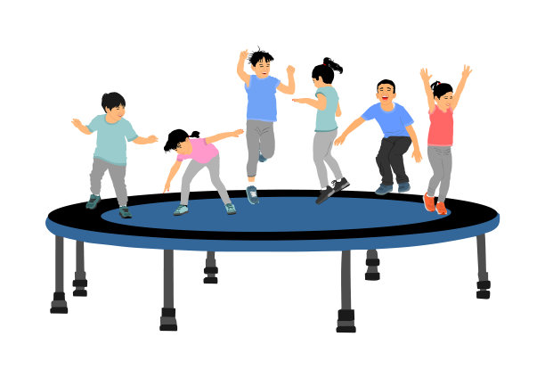 孩子们在花园里的蹦床上蹦蹦跳跳图片下载