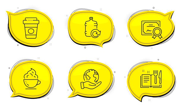 补充水，外卖咖啡和食谱书图标设置。咖啡杯的迹象。冷藏瓶，拿铁饮料，食物。向量图片下载