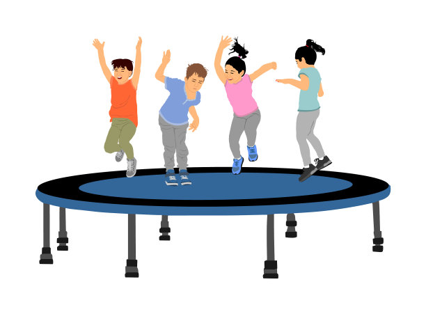 孩子们在花园里的蹦床上蹦蹦跳跳图片下载