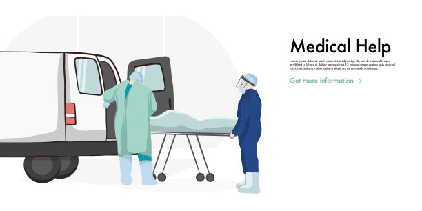 急救医生帮助病人。医护人员使用抢救脊柱板提供帮助。在生物危害设备上绘制的人物在隔离期间帮助人们。矢量平面插图图片下载