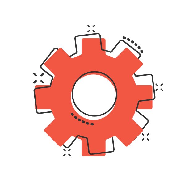 齿轮矢量图标在漫画风格。齿轮卡通插图在白色孤立的背景。齿轮飞溅效应企业理念。图片下载